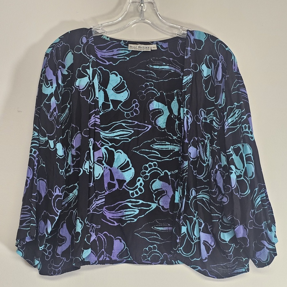 Bali Batiks Kimono Womens XL Floral Sequined Flowy Coastal Resort Hand Painted
